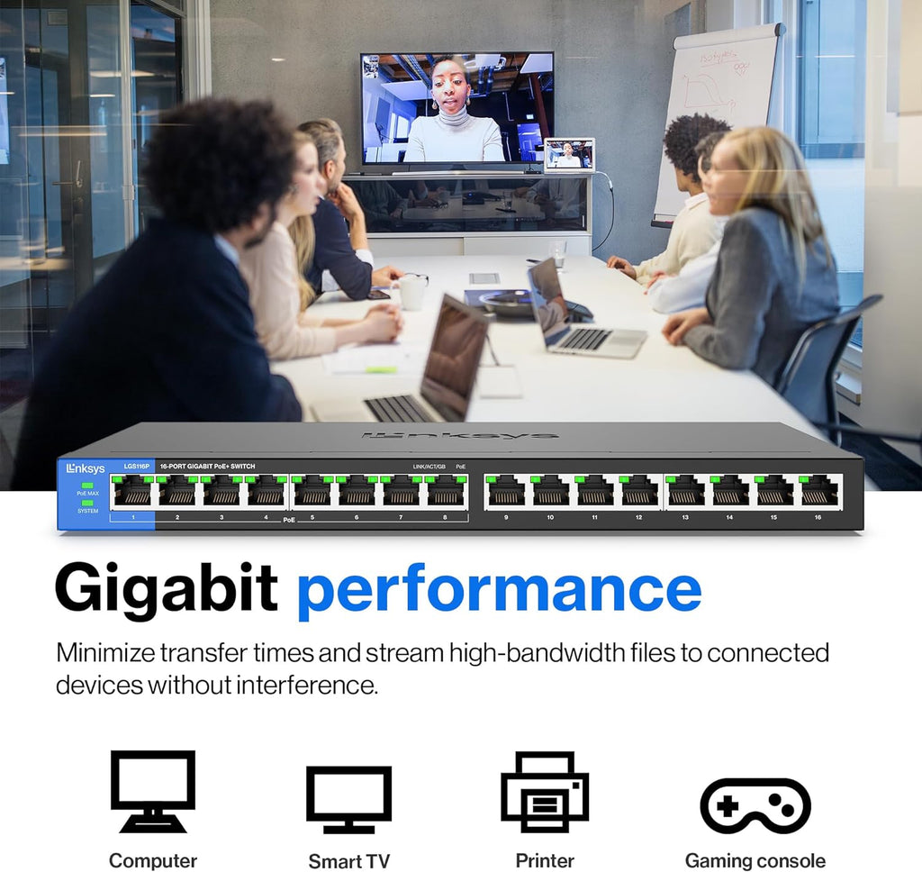 LGS116P 16 Port Gigabit Unmanaged Network PoE Switch with 8 PoE+ Ports @ 80W - Ideal for Business, Home, Office, IP