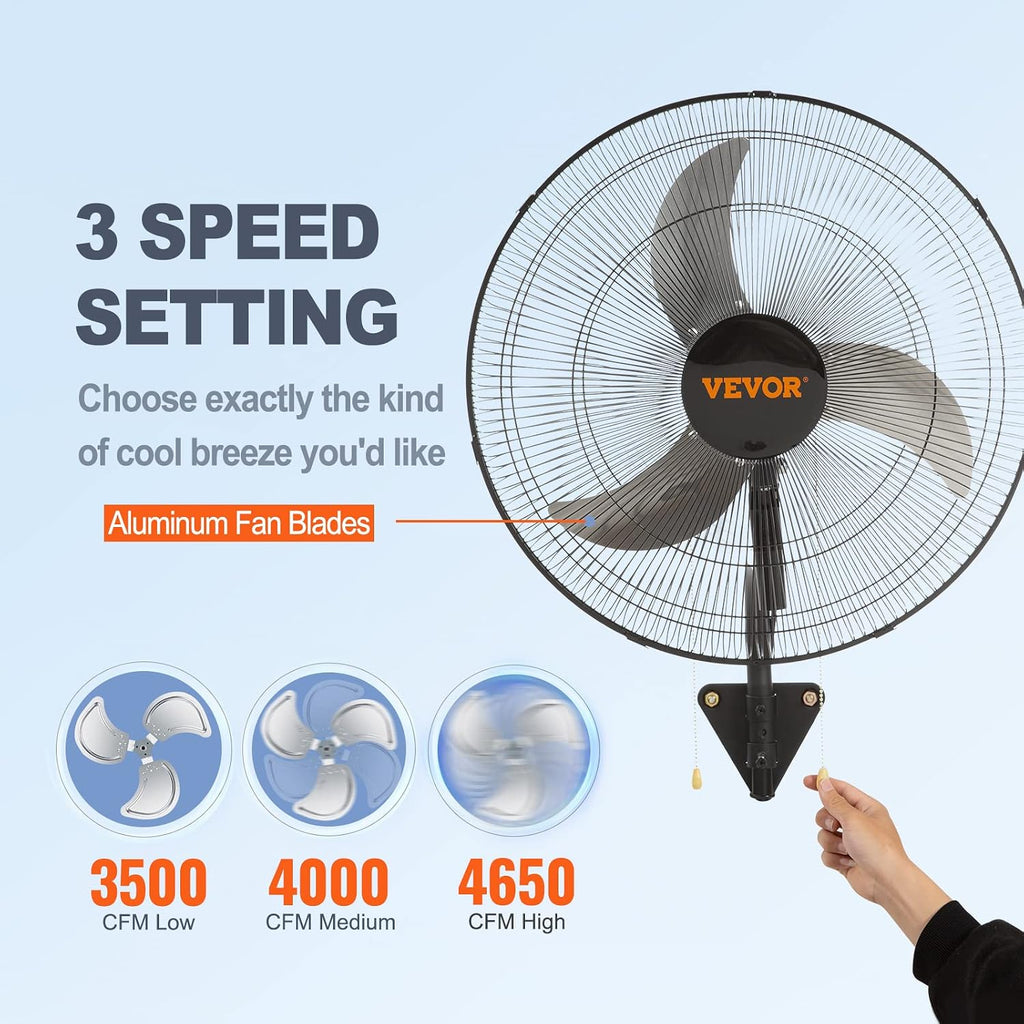 VEVOR 20 Inch Wall Mount Fan, Oscillating, 3-Speed, 4650 CFM
