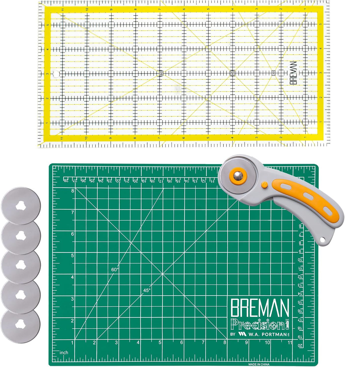 WA Portman 9x12 Self Healing Cutting Mat, Fabric Rotary Cutter, Clear Ruler | Quilting Kit includes 9x12 Fabric