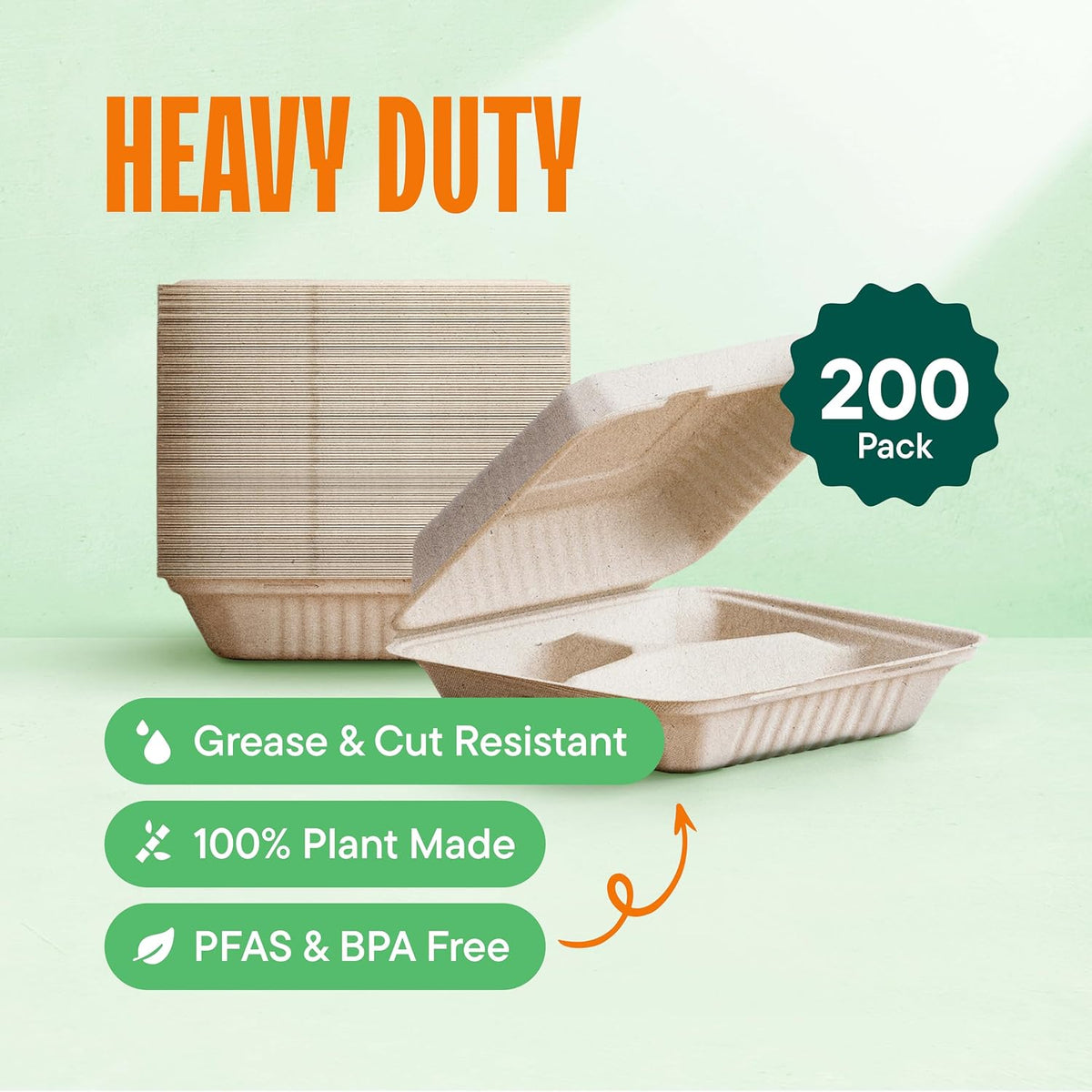 100% Compostable 3-Compartment Clamshell Containers - 9x9 [200-Pack] To Go