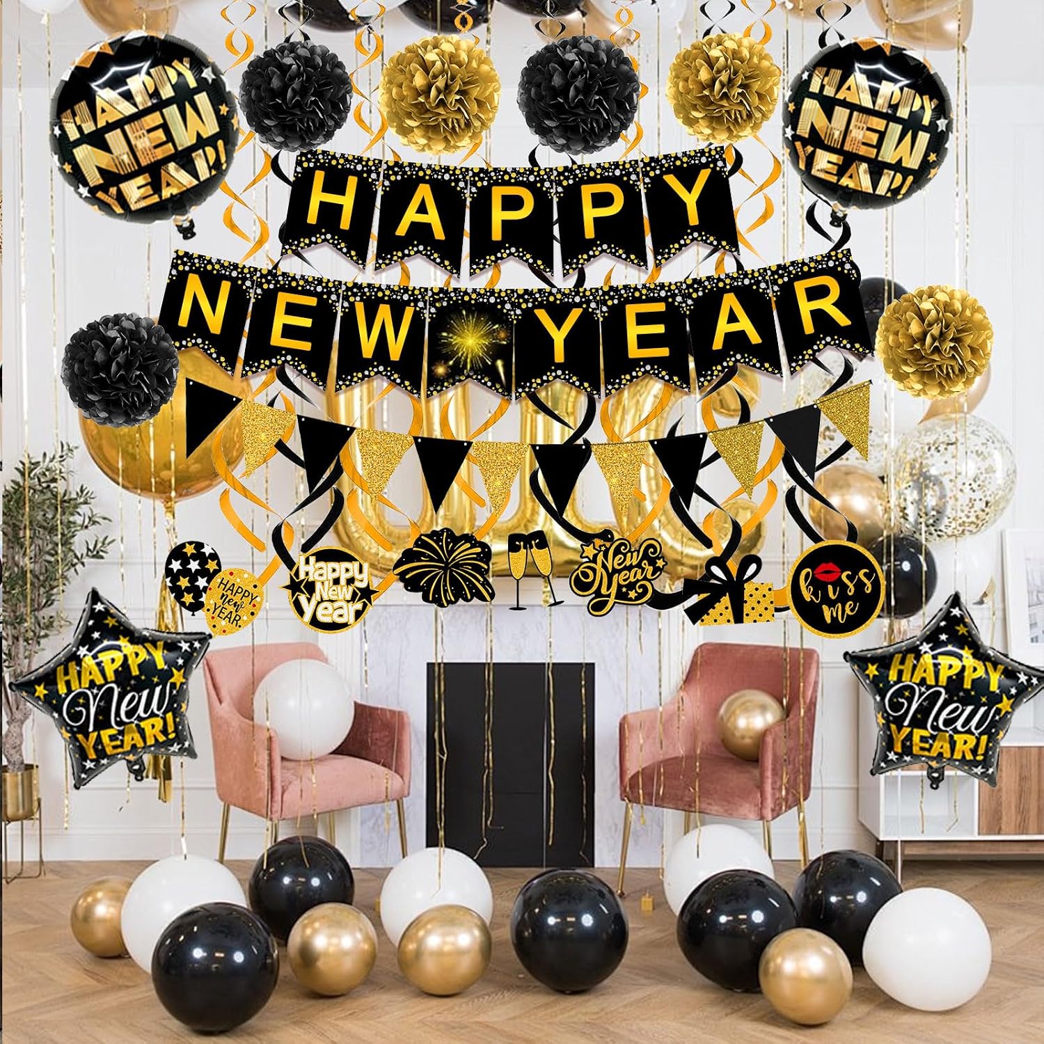 Happy New Year Paper Banner Triangle Flag Bunting Pom poms Swirls Streamers & Balloons for New year Party Decoration