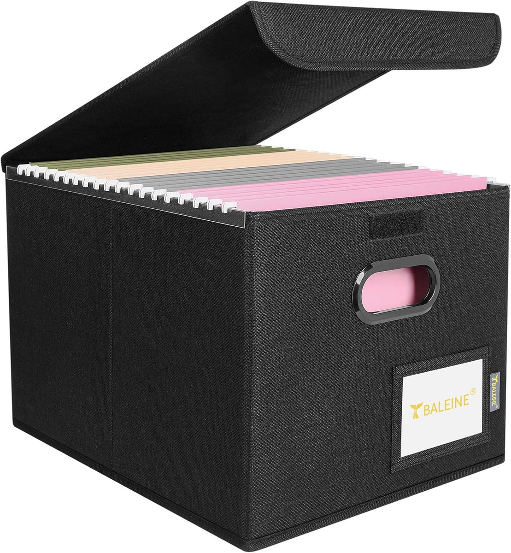 File Organizer Box with Lid, Collapsible File Folder Organizer with Plastic Slide, Hanging File Folder Box for Office