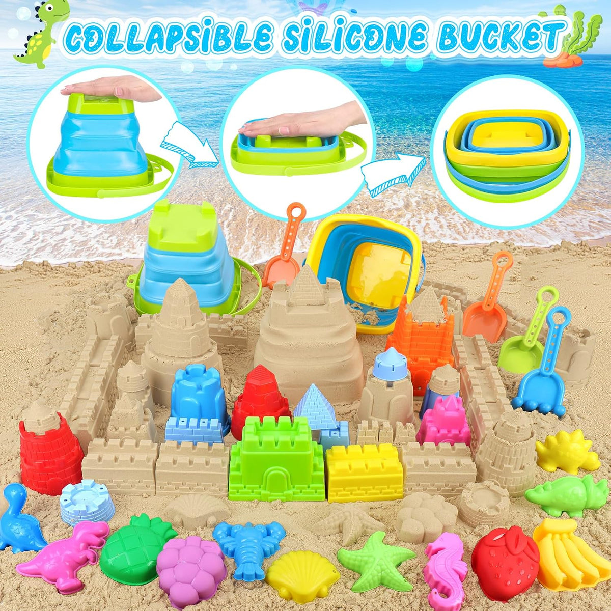 Beach Toys with Collapsible Buckets, Sand Castle Kit for Kids 3-12 | Castle Building Kit, 2 Buckets, 2 Shovels, 2