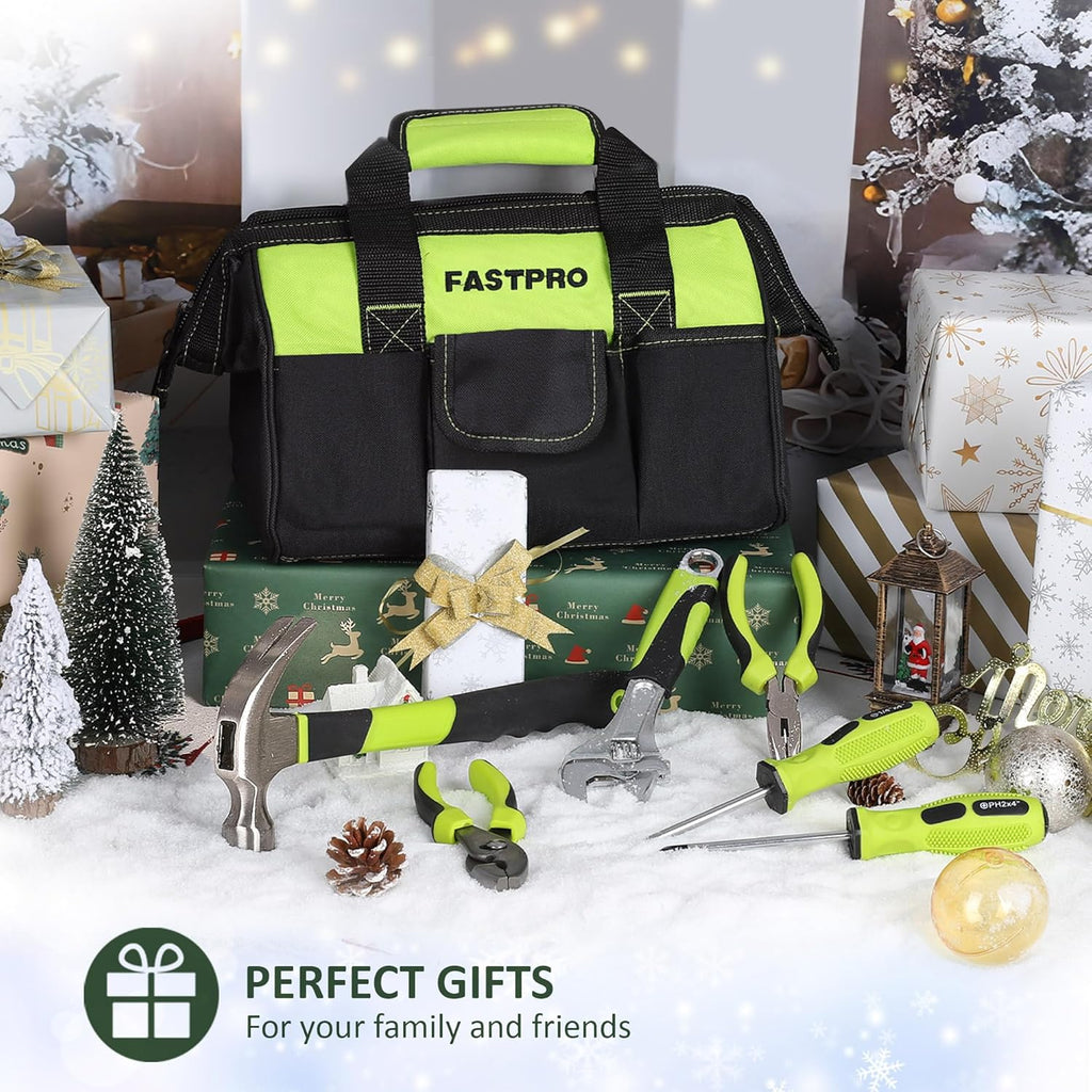 220-Piece Home Tool Set, Household Repairing Tool Kit, with 12-Inch Wide Mouth Open Storage Tool Bag, Green