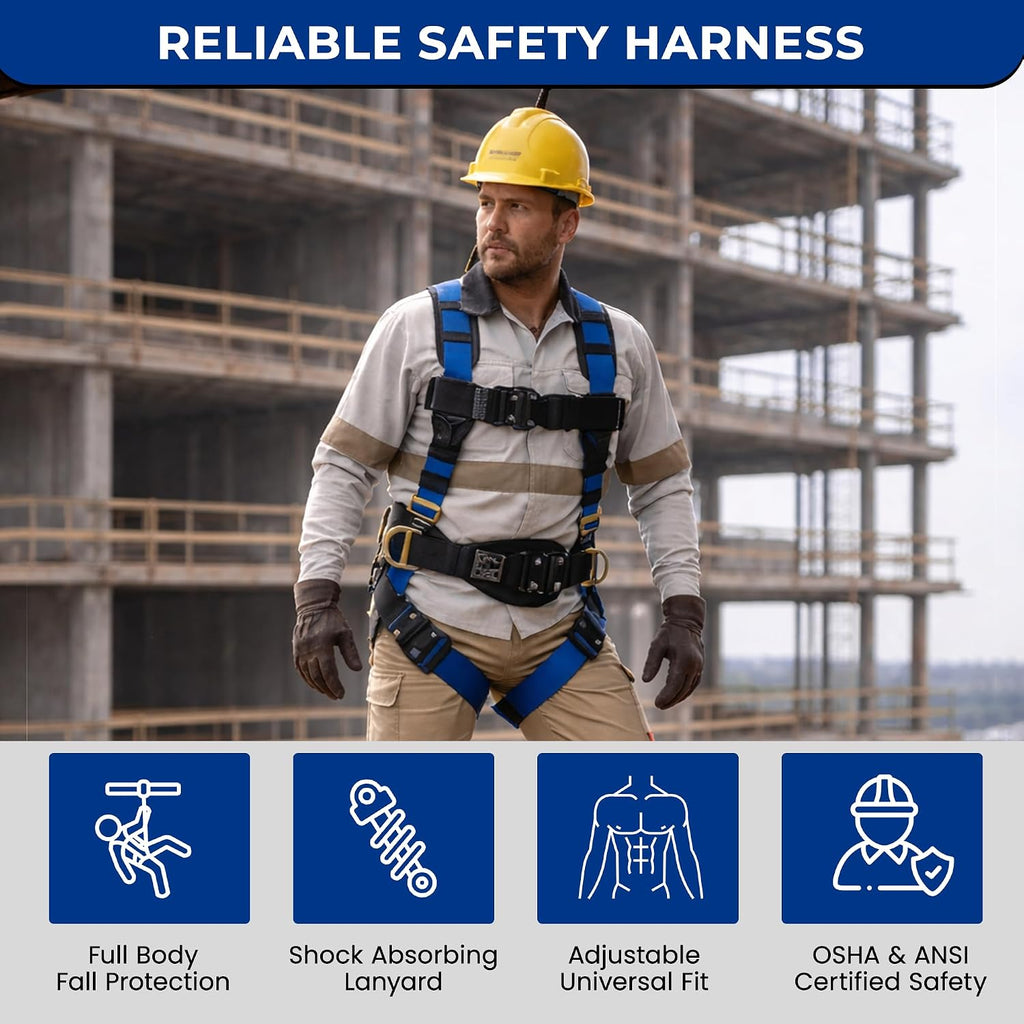 Harness Fall Protection, Full Body Roofing harnesses with Shock Absorbing Lanyard for Men & Women OSHA/ANSI