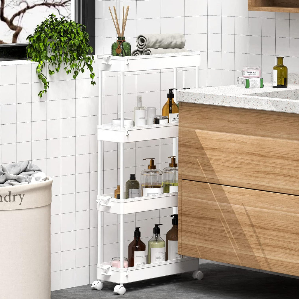 Slim Rolling Storage Cart 4 Tier Bathroom Organizer Mobile Shelving Unit Utility Cart Tower Rack for Kitchen Laundry
