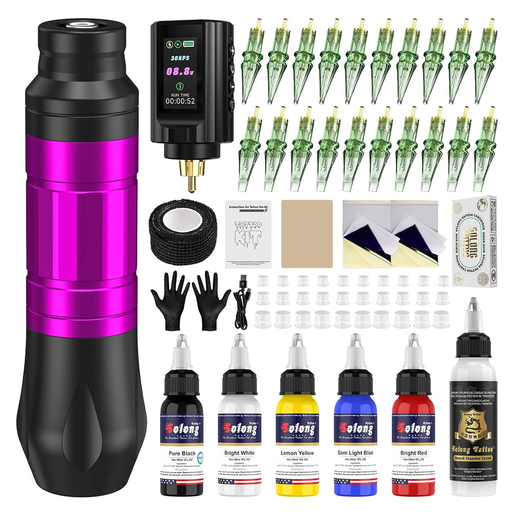 Complete Wireless Tattoo Gun Kit, Rotary Tattoo Pen with 1800mAh Battery, Liner & Shader Tattoo Supplies for Starters