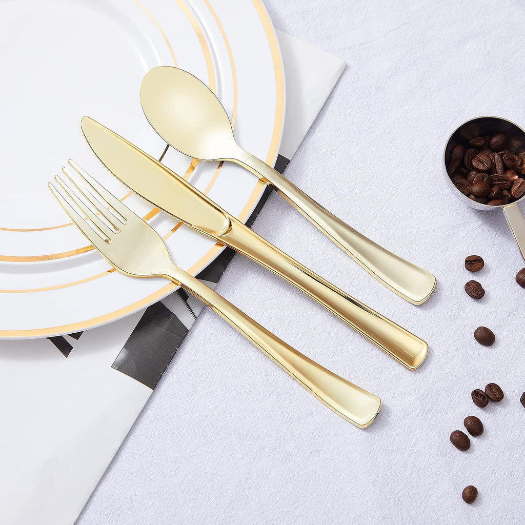 300PCS Gold Plastic Silverware, Disposable Plastic Cutlery/Utensils