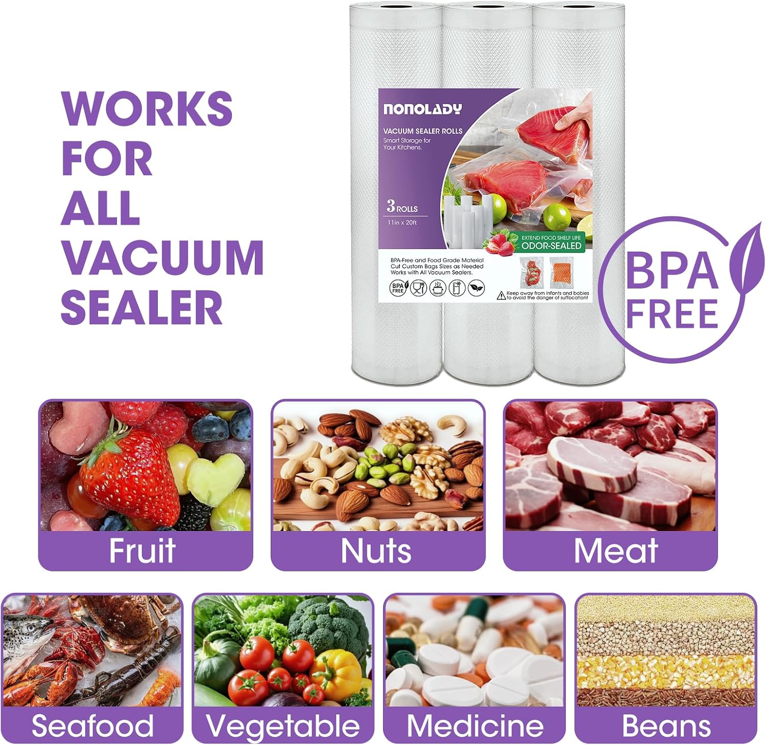 Vacuum Sealer Bags Rolls for Food, 3 Rolls 11" x 20' Commercial Grade BPA Free, Heavy Duty Puncture Prevention for