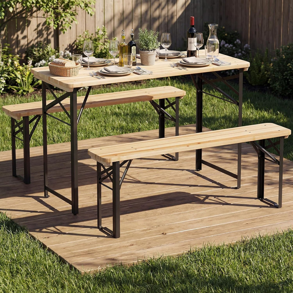 3 Piece Folding Picnic Table with 2 Benches, Foldable Wood Picnic Table Bench Set with Heavy-Duty Metal Frame for 4