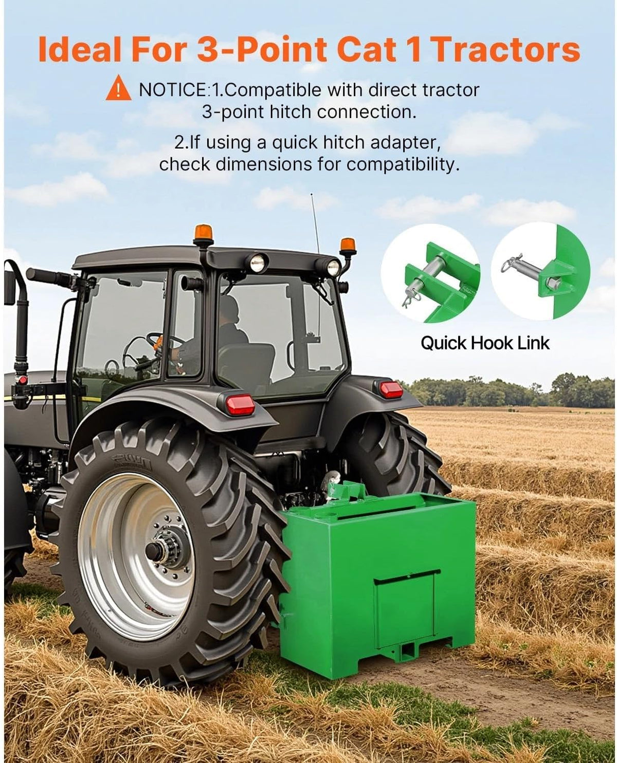 Ballast Box 3 Point Category 1 Tractor Quick Tach Hitch Counterweight, Green, Heavy Duty Steel, 800 lb Capacity