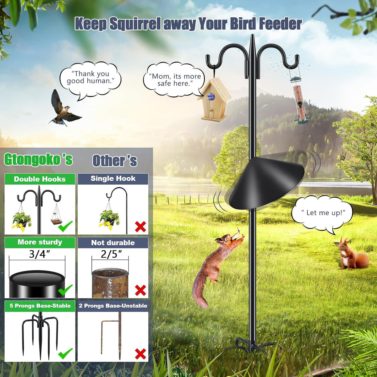 92 Inch Double Hook Bird Feeder Pole with 19 Inch Squirrel Baffle