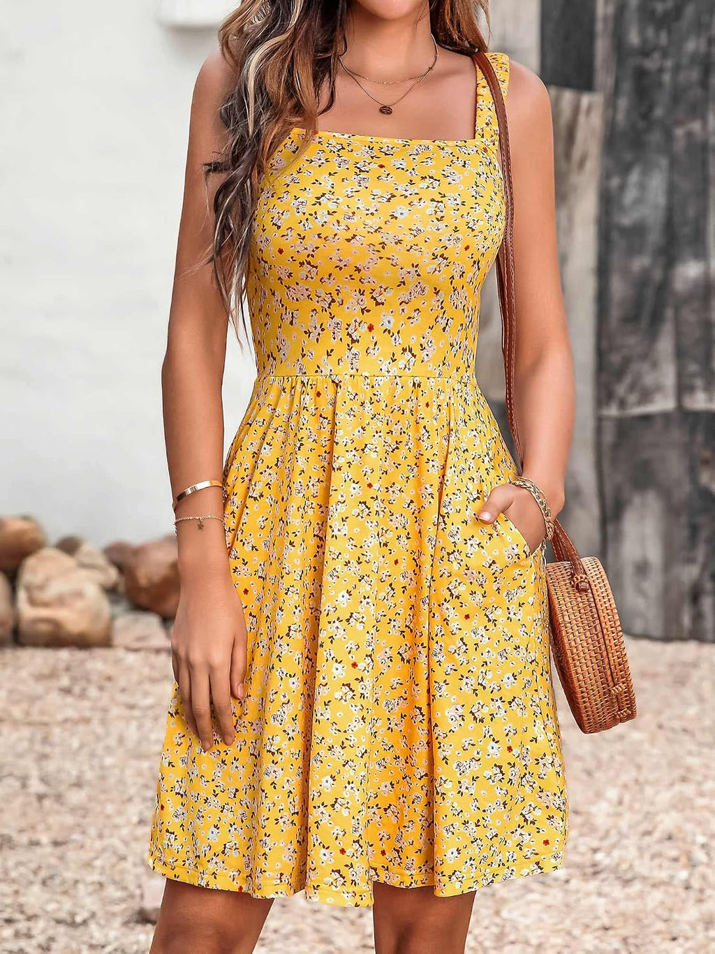 Women's Summer Casual Square Neck Dress with Pocket Cute Short Dress