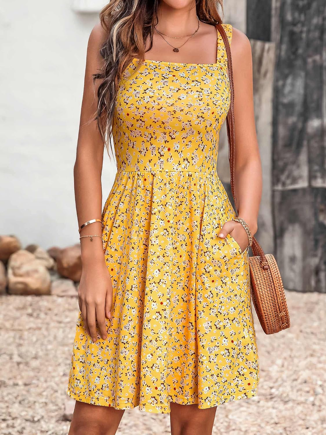 Women's Summer Casual Square Neck Dress with Pocket Cute Short Dress