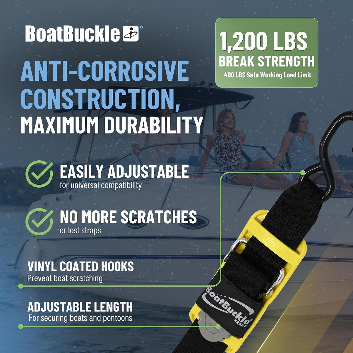 BoatBuckle Pro-Series Transom Tie Down Straps w/Boat Pads, 2in x 4ft, 2-ct