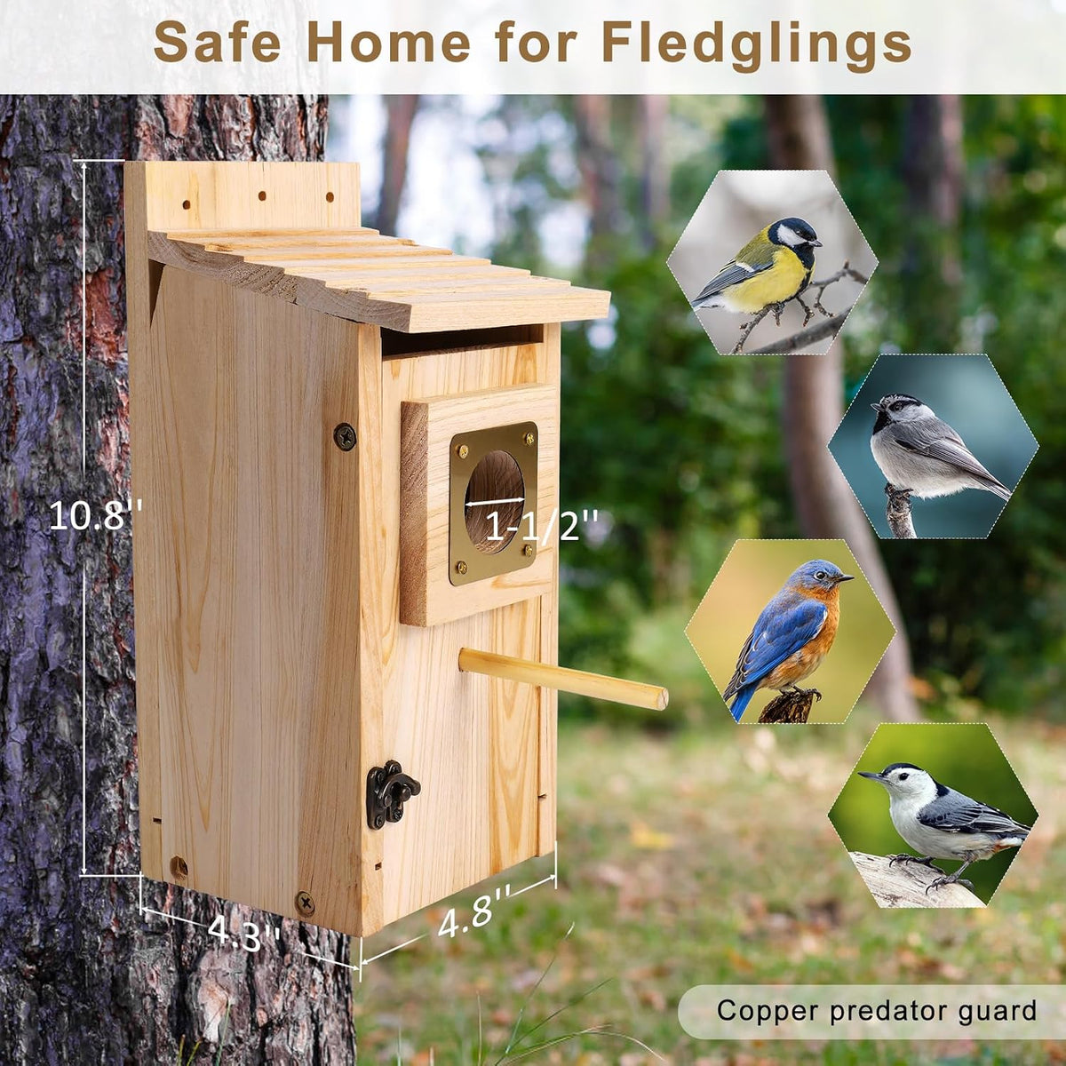 Bird Houses for Outside, Thicken Wooden Bird House with Copper Guard