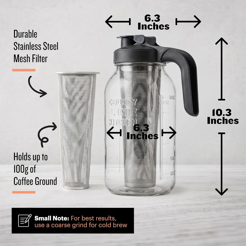64oz Cold Brew Coffee Maker with Leak Proof Lid - Black | Glass Cold Brew Coffee Maker - Wide Mouth Mason Jar