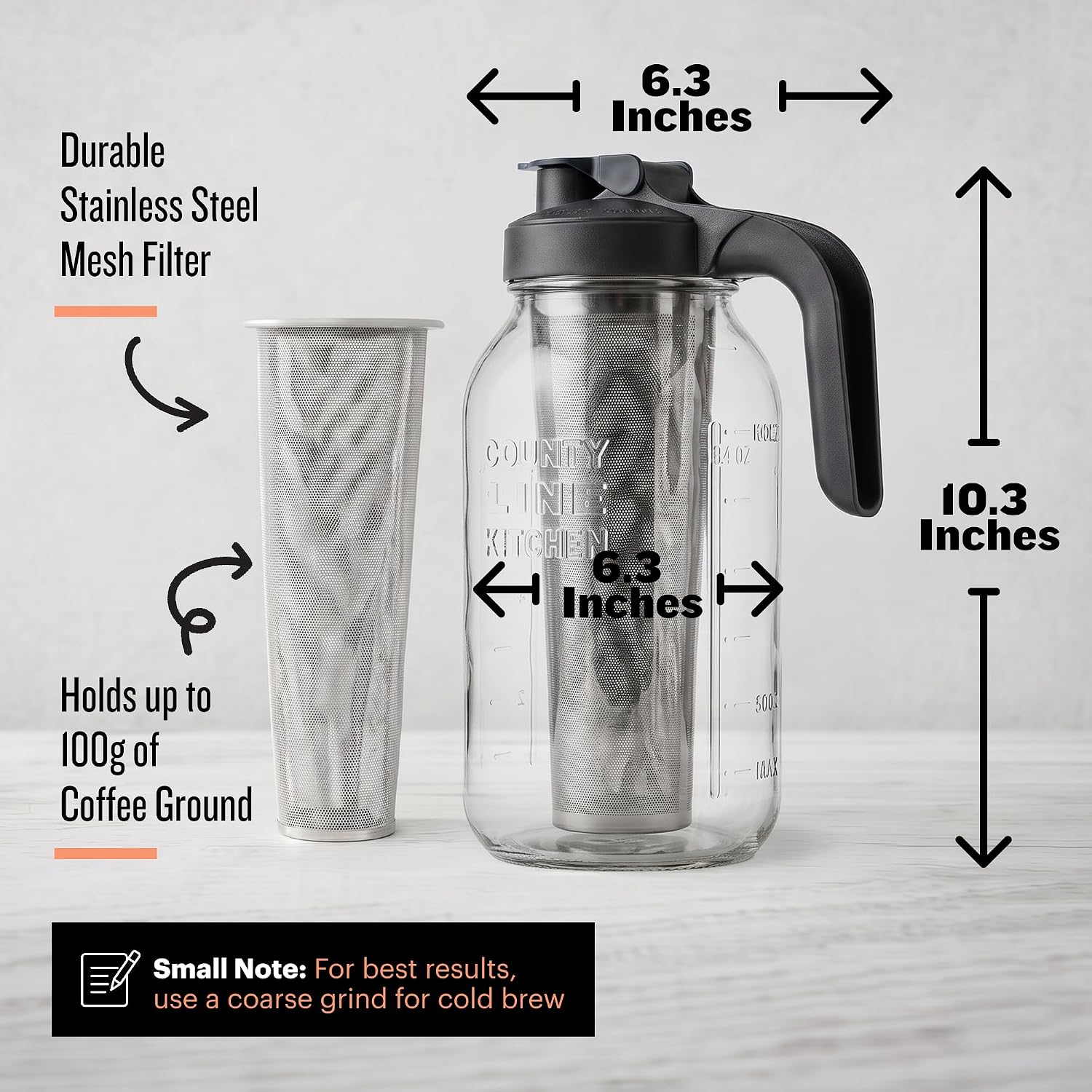 64oz Cold Brew Coffee Maker with Leak Proof Lid - Black | Glass Cold Brew Coffee Maker - Wide Mouth Mason Jar