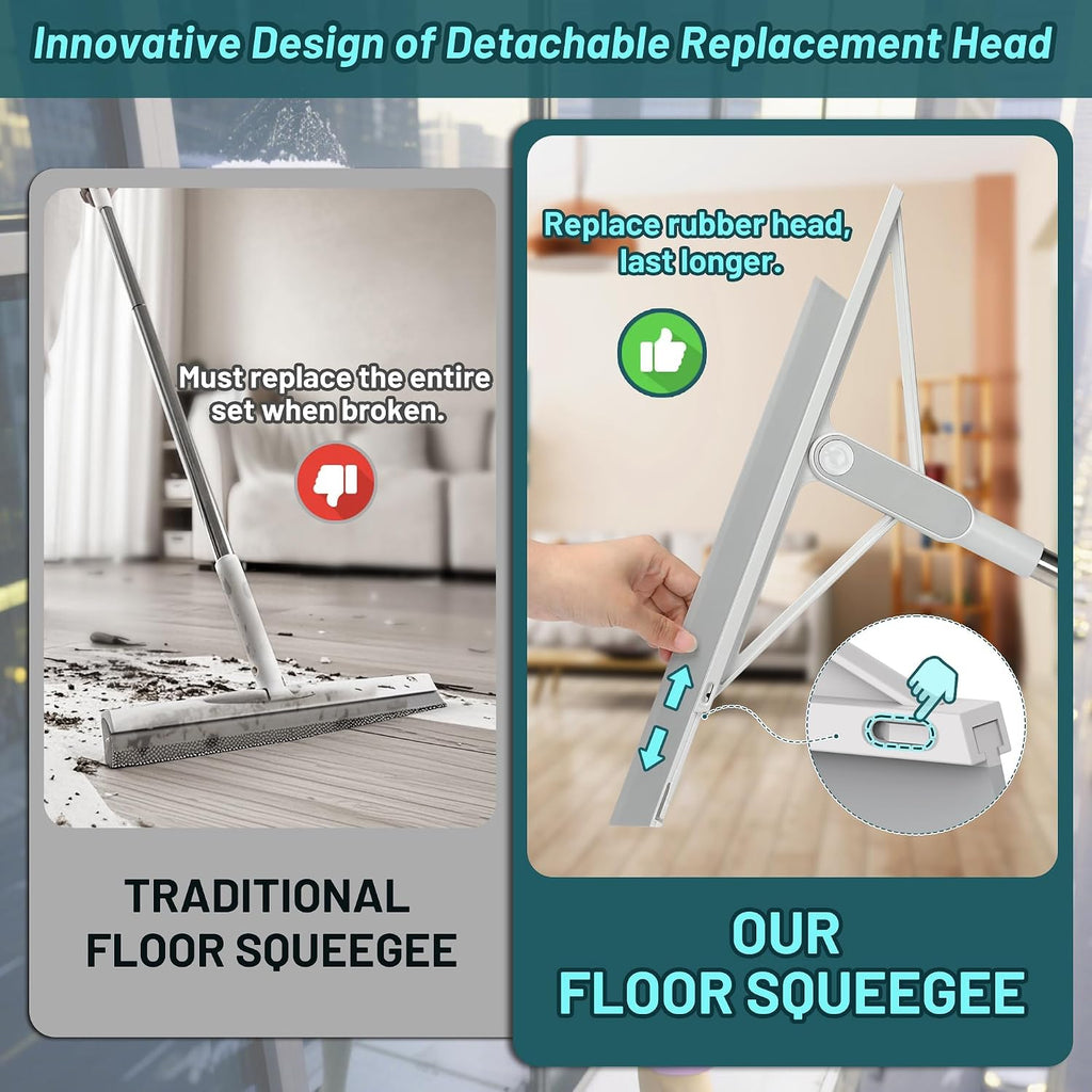 Floor Squeegee Broom Rubber Window Squeegee for Floor 61" Long Handle Adjustable Floor Wiper for Concrete Tile Shower