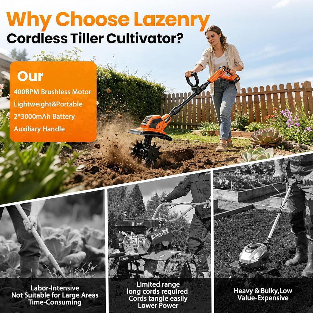 20V Cordlees Tiller Cultivator for Gardening, 400RPM Brushless Electric Garden Tiller Battery Powered((2*3.0Ah