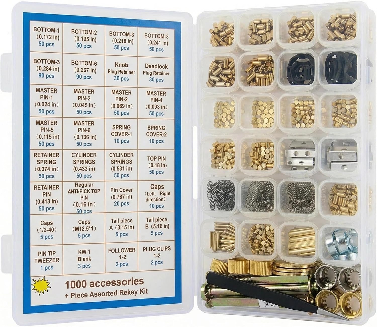 1000-Piece KW1 Rekey Kit, Lock Rekeying Kit with Cylinder Service Tools | Bottom & Master Pins, Springs, 3 Service