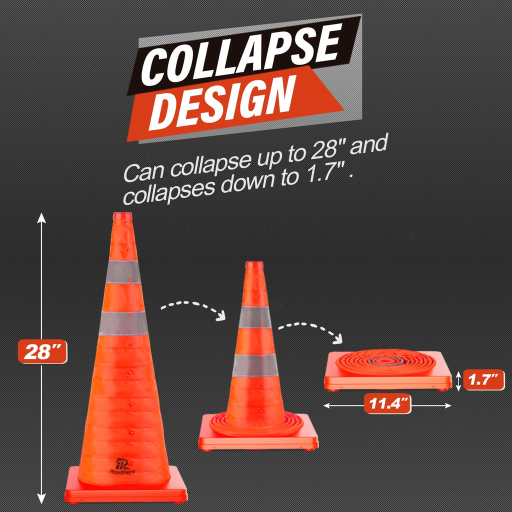 28 Inch 1 Pack Collapsible Traffic Safety Cones, Orange | Foldable Design for Storage, Reflective Collar Visible at