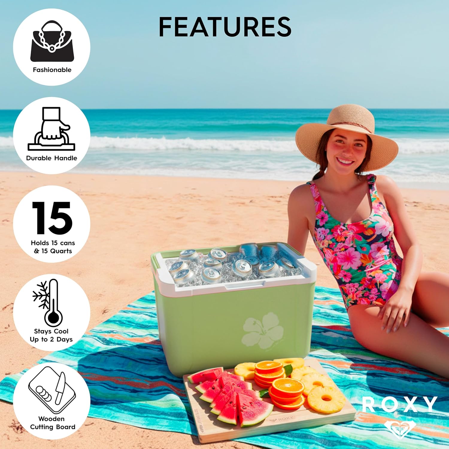 15 Quart Cooler with Sliding Wooden Lid and Cutting Board, Portable Insulated Hard Cooler for Beach, Picnic, Travel