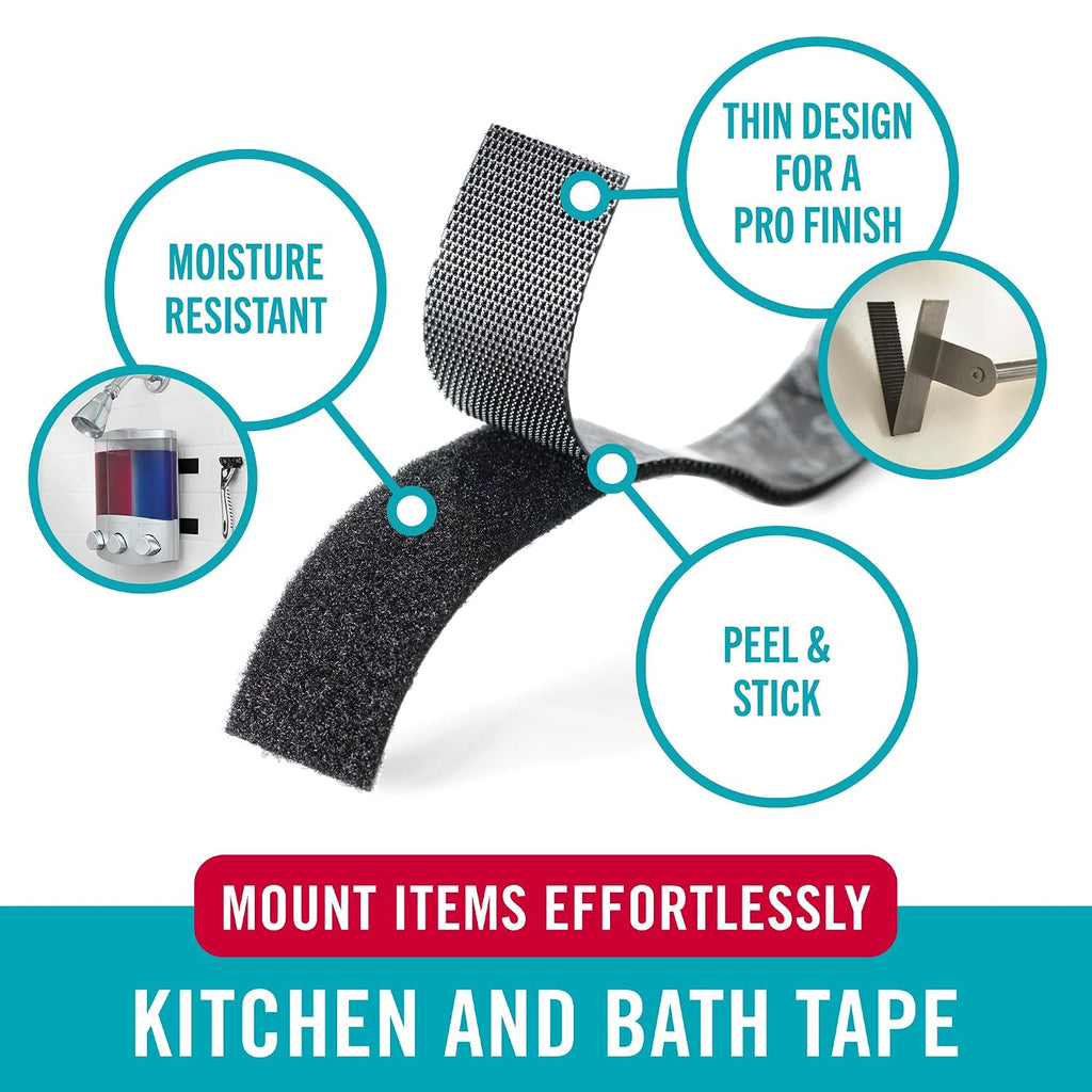Kitchen and Bath Mounting Tape. Moisture Resistant Thin Design for Flush Mount. 10ft Heavy Duty Roll Holds 10 pounds.