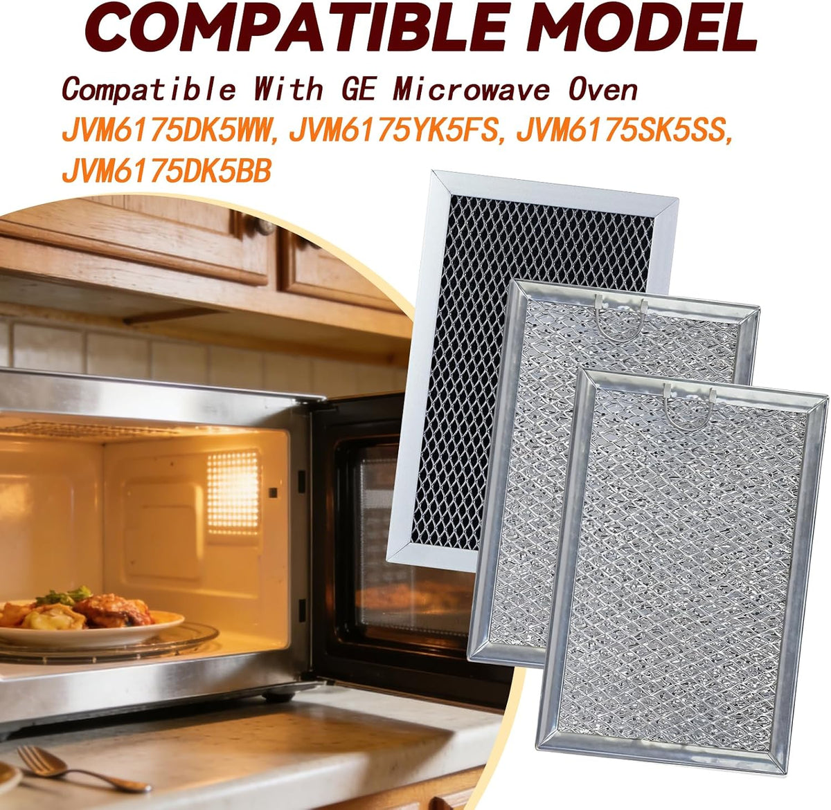 Microwave Filter Replacement - 3 Pcs Charcoal and Grease Filter Kit Compatible with GE Models JVM6175YK5FS, JVM6175SK5SS, JVM6175DK5BB, JVM6175DK5WW| Effective Odor Elimination