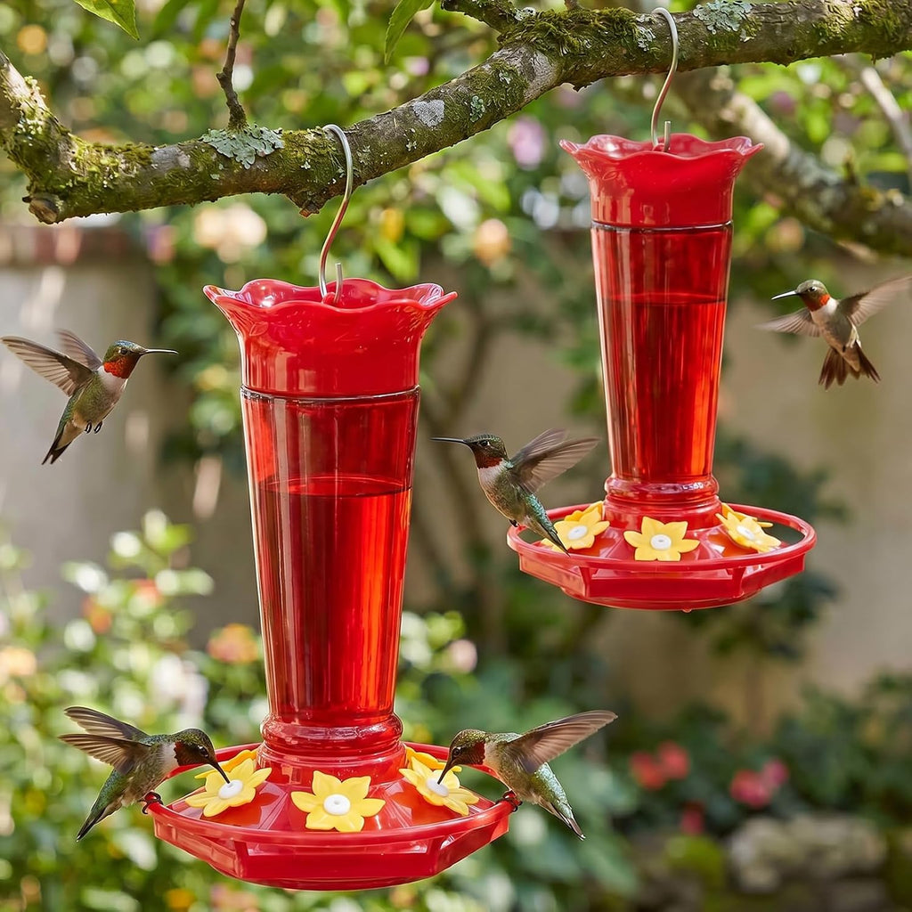 10 OZ Glass Hummingbird Feeders for Outdoors Hanging - Red 2 Pack, Ant & Bee Proof and 6 Feeding Ports, Garden Yard