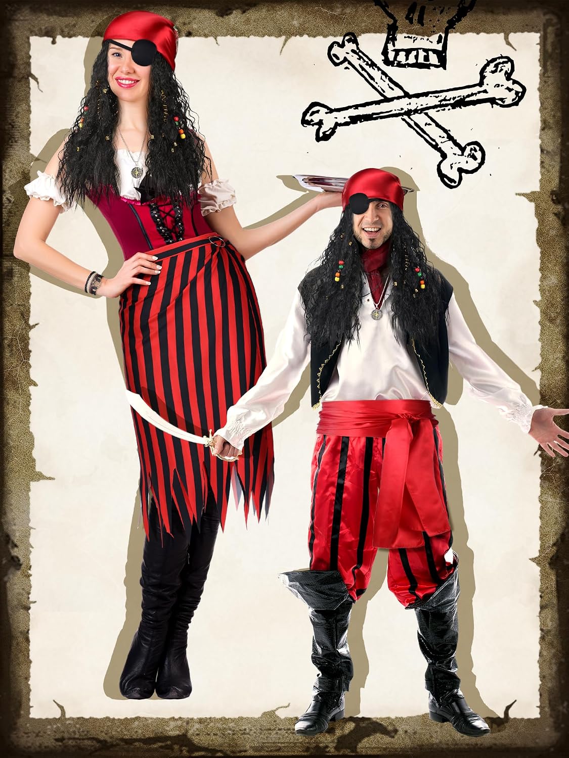 25 Pcs Pirate Costume Accessories Women Pirate Wig with Hair Net Hat Sash Belt Striped Skirt Eye Mask Snake Hair