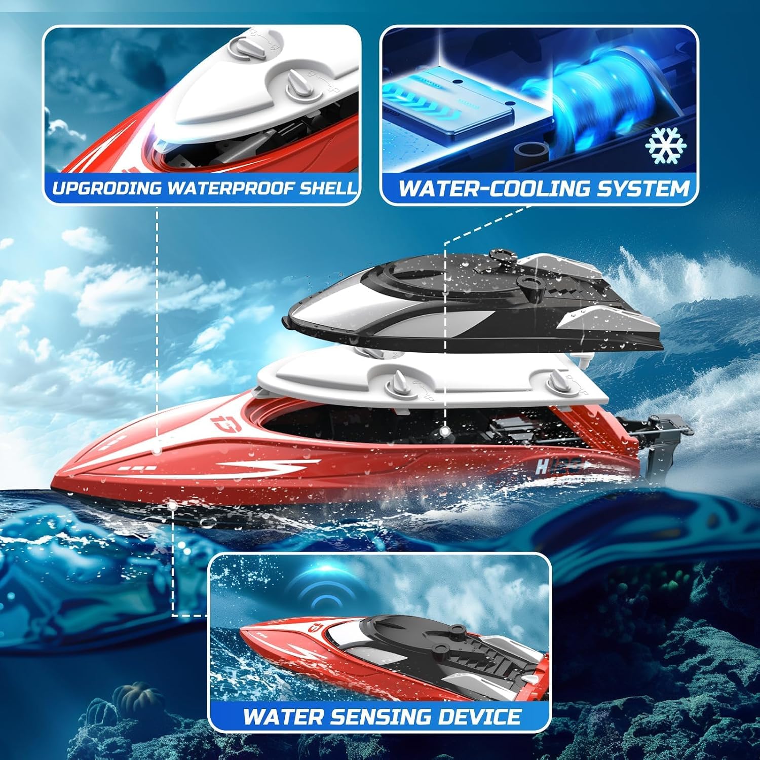 H120 Fast RC Boat for Pools and Lakes, 2.4 GHz 20+ MPH Racing Boats for Kids & Adults with Rechargeable Battery,Low