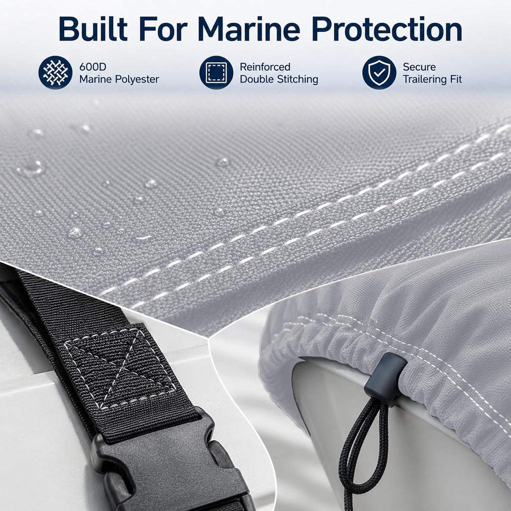Solution-Dyed 600D Boat Cover 14'-16' – Marine Grade Waterproof V-Hull, Bass, Jon & Runabout Boat Cover up to 68"