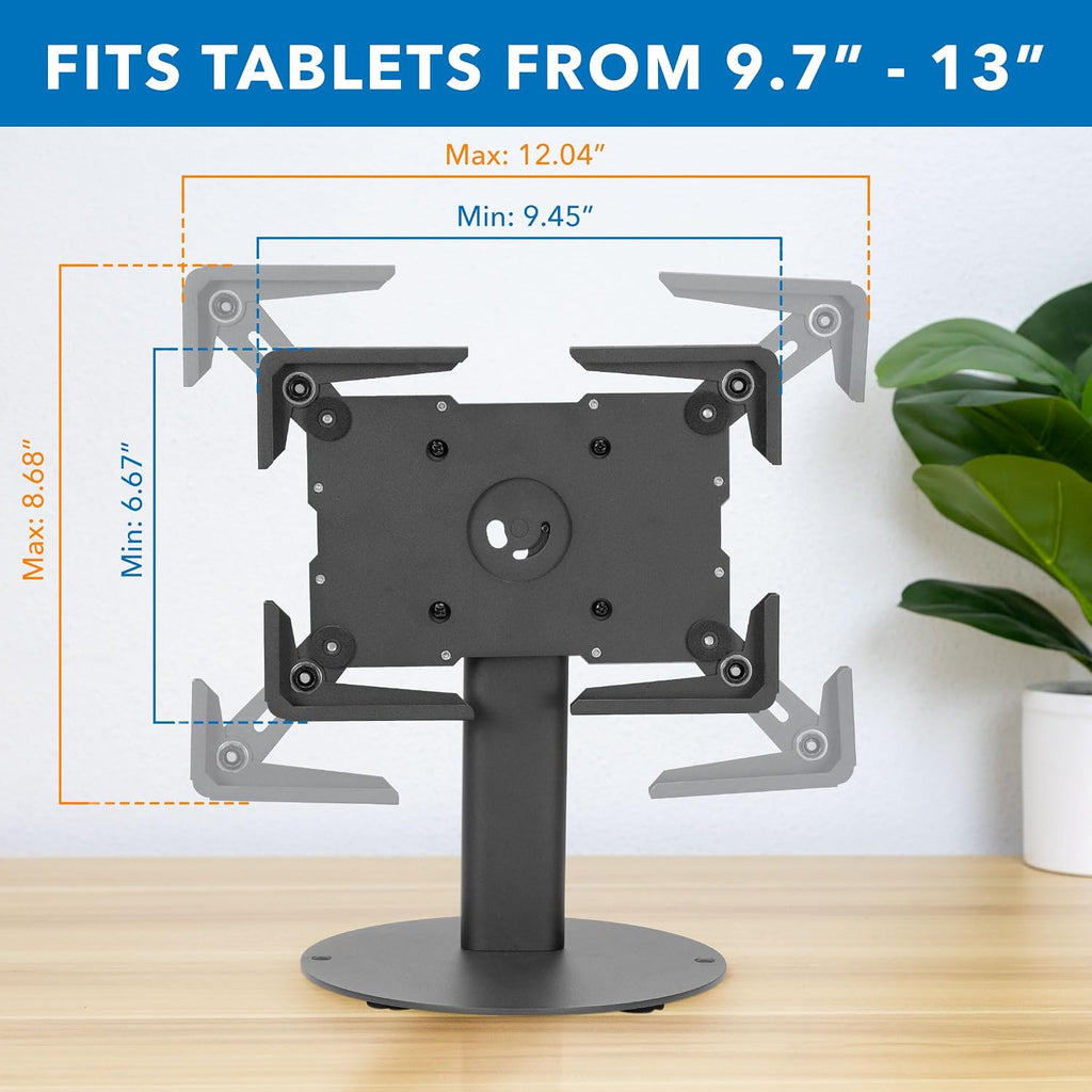 Universal Tablet Stand with Tilt, Anti-Theft Retail iPad POS Kiosk Stand, Fits 9.7"–13.1" Tablets, 90° Rotation &