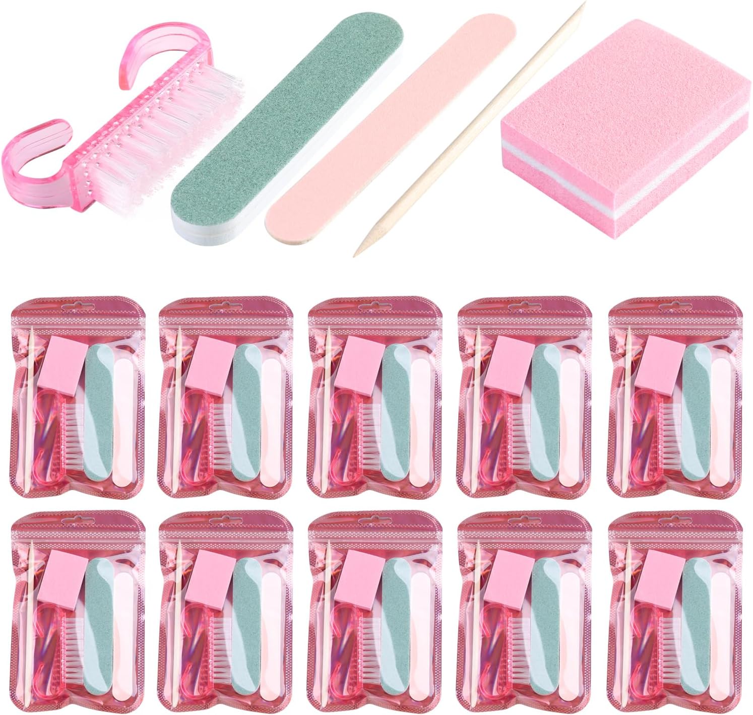 Disposable Manicure Kit Basics 5PCS Nail Kit, Mini Nail Files Buffers Bulk Handle Grip Brush Orange Wood Stick