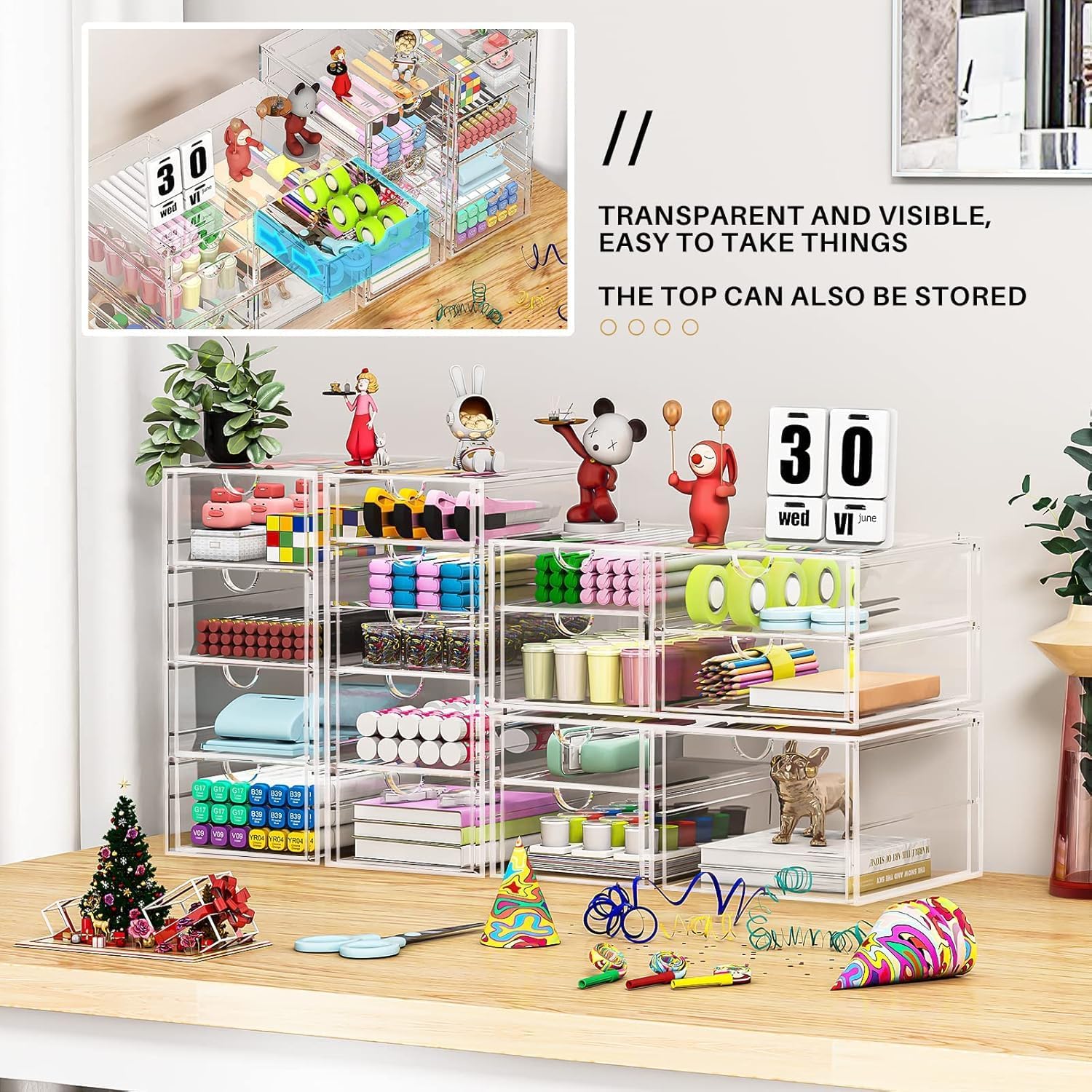 Makeup Organizer Storage With 16 Drawers, 4 Pcs Desktop Office Supplies, Desk Organizers, Clear Accessories