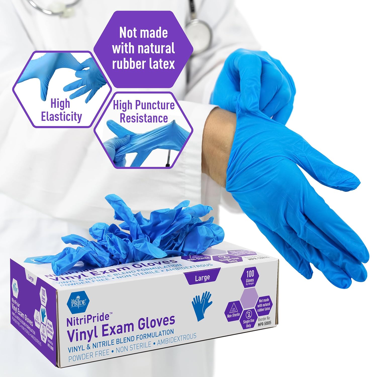 Nitrile/Vinyl Blend Exam Gloves,Powder-Free,Blue,Large,100-Count