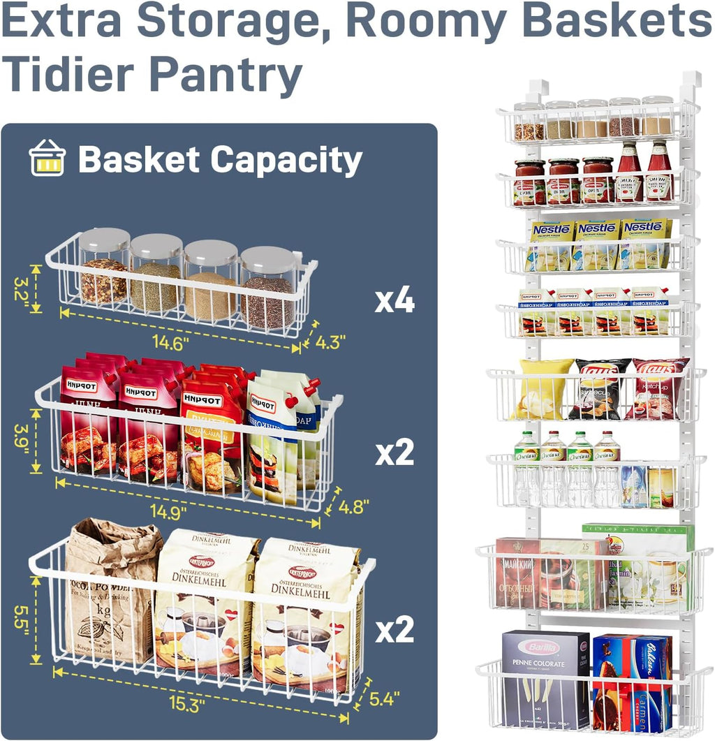 Over The Door Pantry Organizer, 8-Tier Over The Door Organizer with Adjustable Baskets, Metal Hanging Spice Rack for