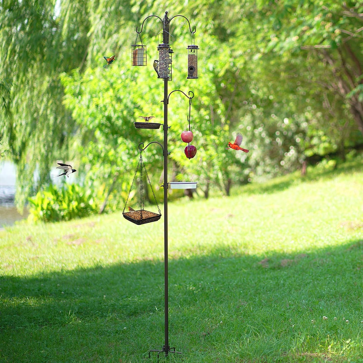 Bird Feeder Station with Suet Cage & Water Bowl Fruit Hook- Adjustable Pole, 6 Hanging Hooks for Wild Birds, Outdoor