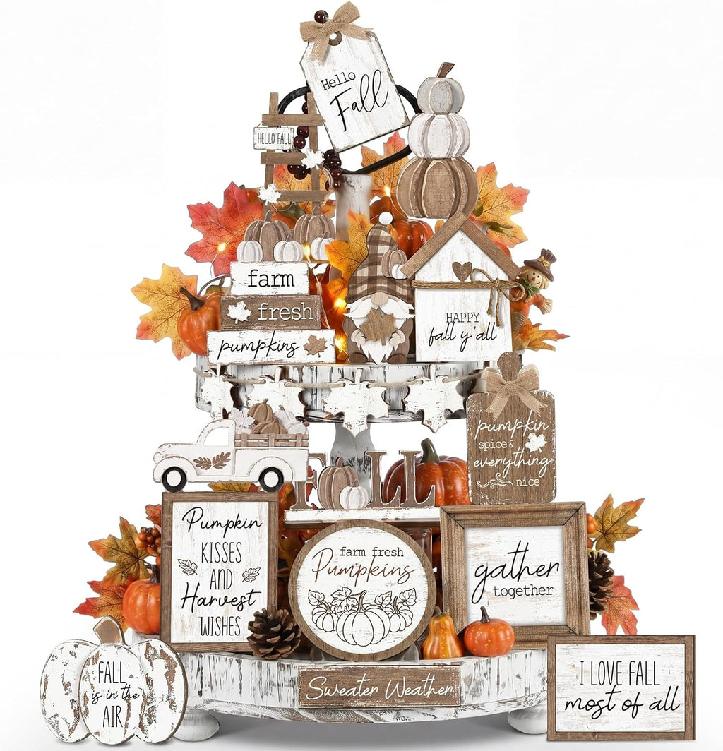 21 Pcs Fall Tiered Tray Decor Set, Rustic Farmhouse Thanksgiving Whitewashed Wooden Signs Gnome Truck Pumpkin Wood
