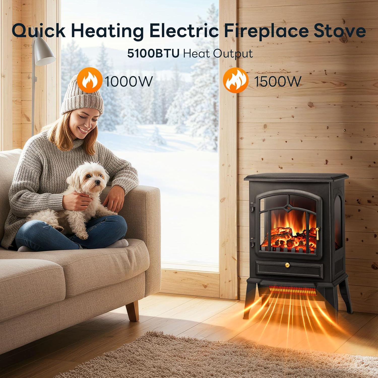 Electric Fireplace Stove with Dual Heat & Flame-Only Mode, 5100 BTU | 22 in, 1000W/1500W Settings for Fast Warmth