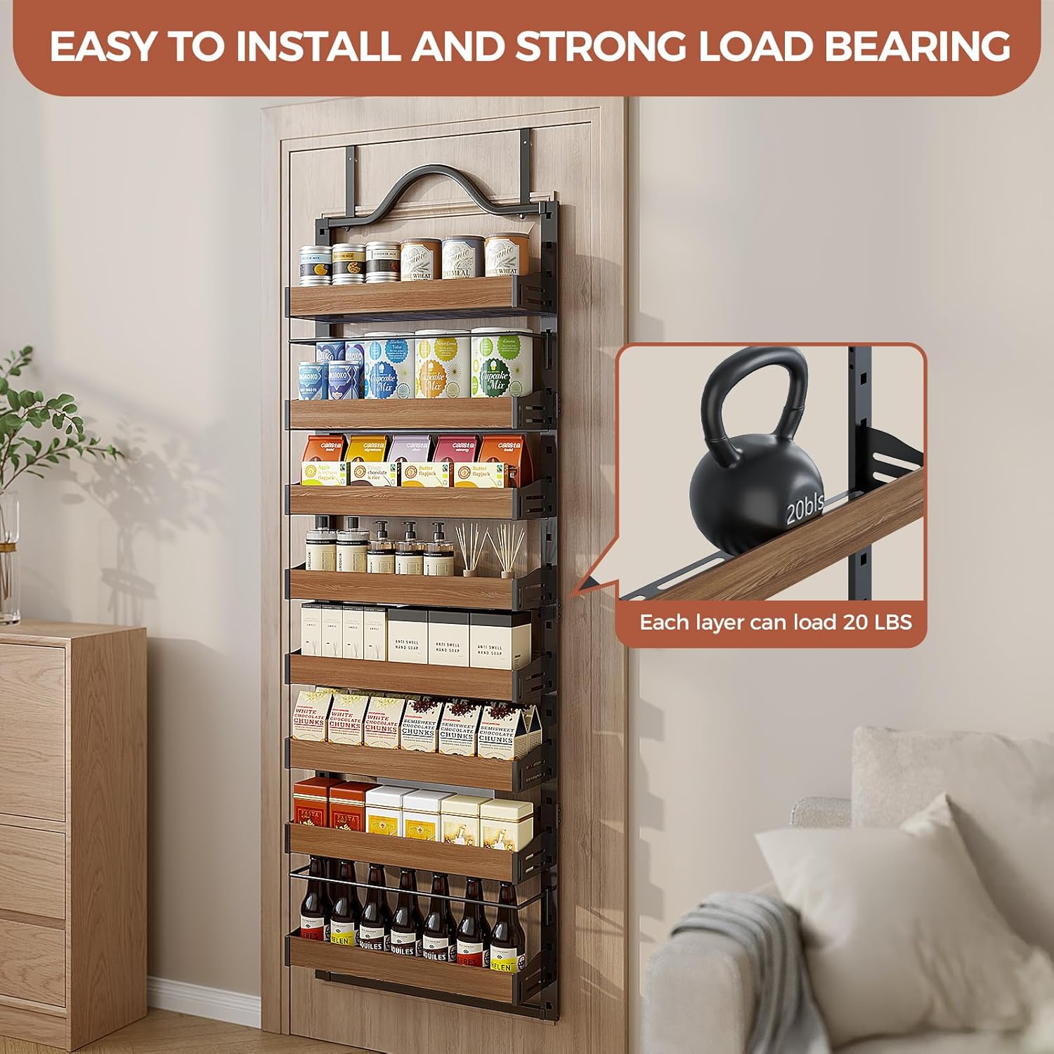 8-Tier Pantry Door Organizer, Over the Door Pantry Organizer with Wooden Adjustable Baskets, 2 IN 1 Spice Rack Wall