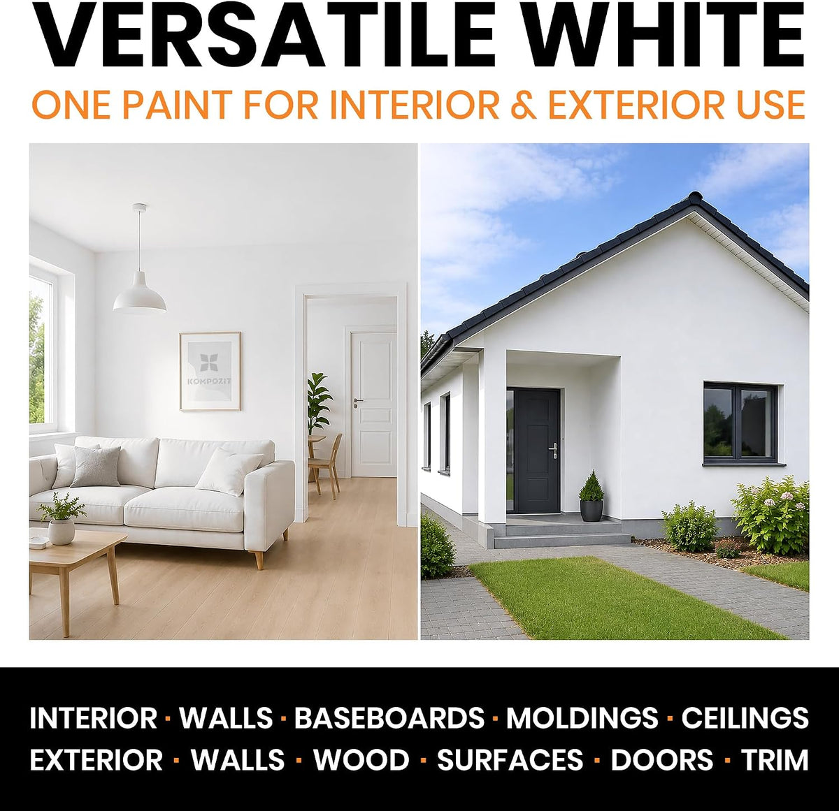 Acrylic Paint & Primer (2-in-1) - Pure White Semi Gloss - Interior & Exterior Painting House - Walls, Ceilings
