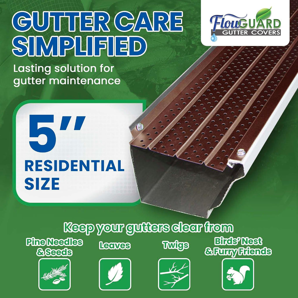 FlowGuard Gutter Guard, USA Made Professional DIY 5 Inch 50-Year Gutter Cover Leaf Protection System - Brown