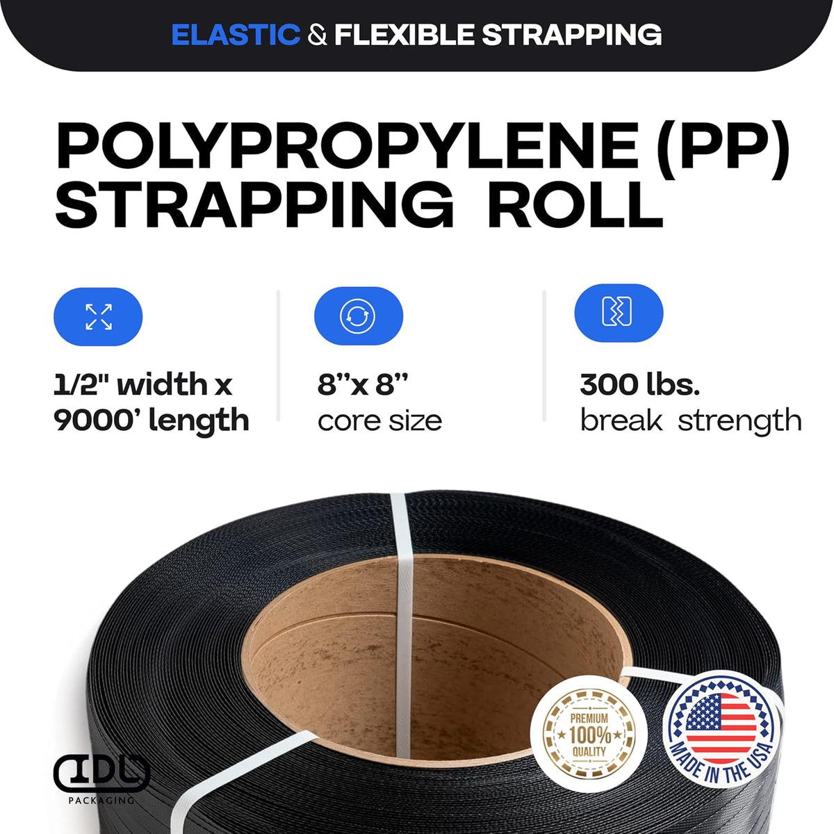 1/2" x 9000' Polypropylene (PP) Strapping Roll, USA-Made