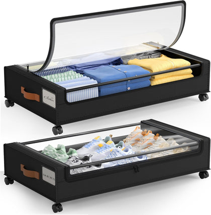 Under Bed Storage with Wheels, 2 Pack Under Bed Storage Containers with Clear Lid, XXL 60 L Underbed Storage Bins
