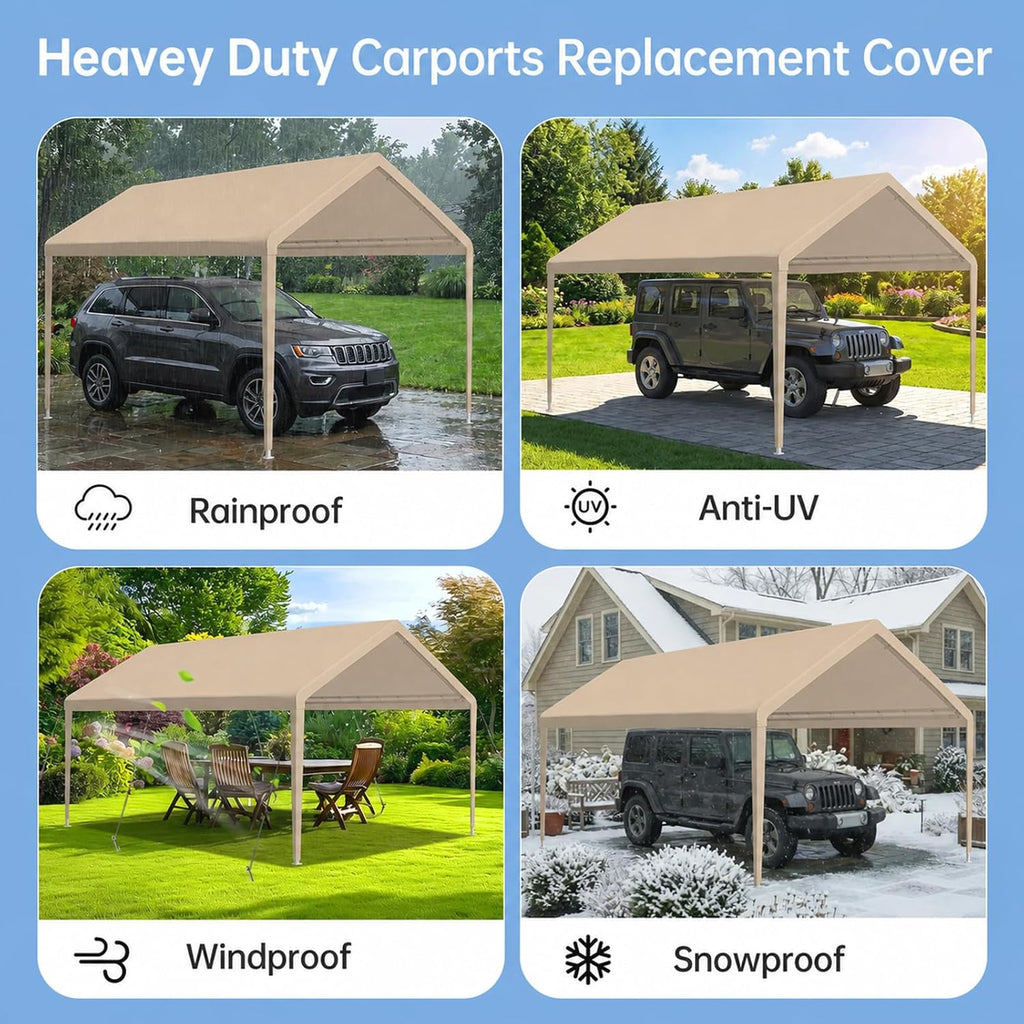 10x20 FT Carport Replacement Canopy Top, 800D Oxford Heavy Duty Waterproof Tarp Cover with 36 Ball Bungees, UV