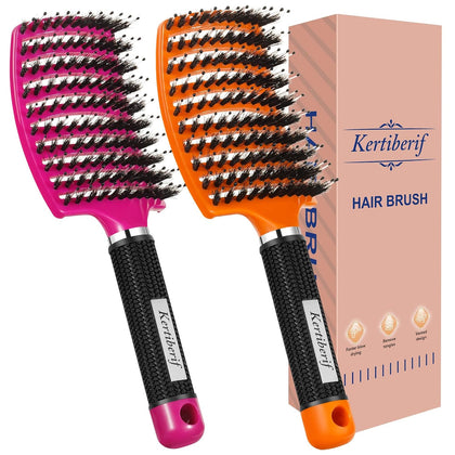 Boar Bristle Detangling Hair Brush for Wet & Dry Hair, Women Men | Paddle Detangler Hairbrush 2-Pack for Thick Fine