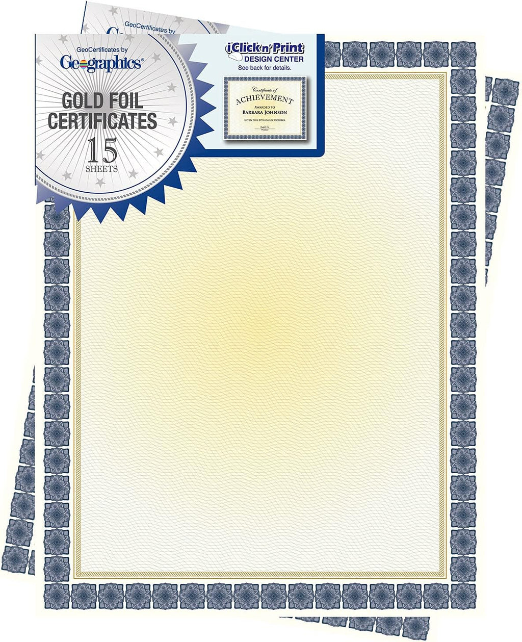 Blank Award Certificate Paper, 8.5 x 11", Premium Gold Foil & Kensington Blue Border Design (Pack of 15) | blank