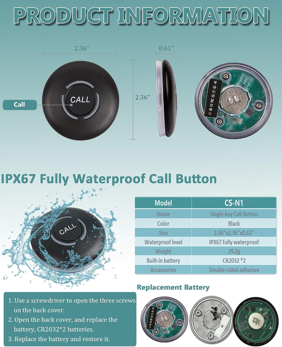 Wireless Restaurant Pager Watch 1 Receiver 2 Call Buttons